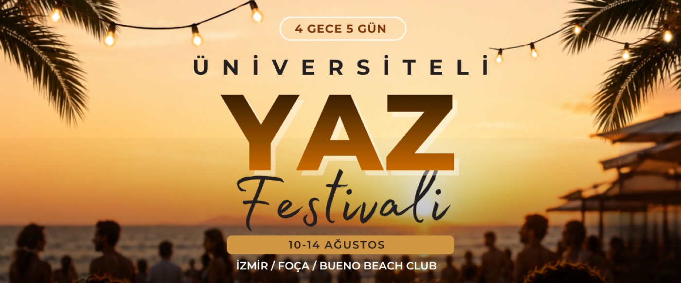 Üniversiteli Yaz Festivali 2026 afişi: Foça'da gün batımında sahilde kalabalık