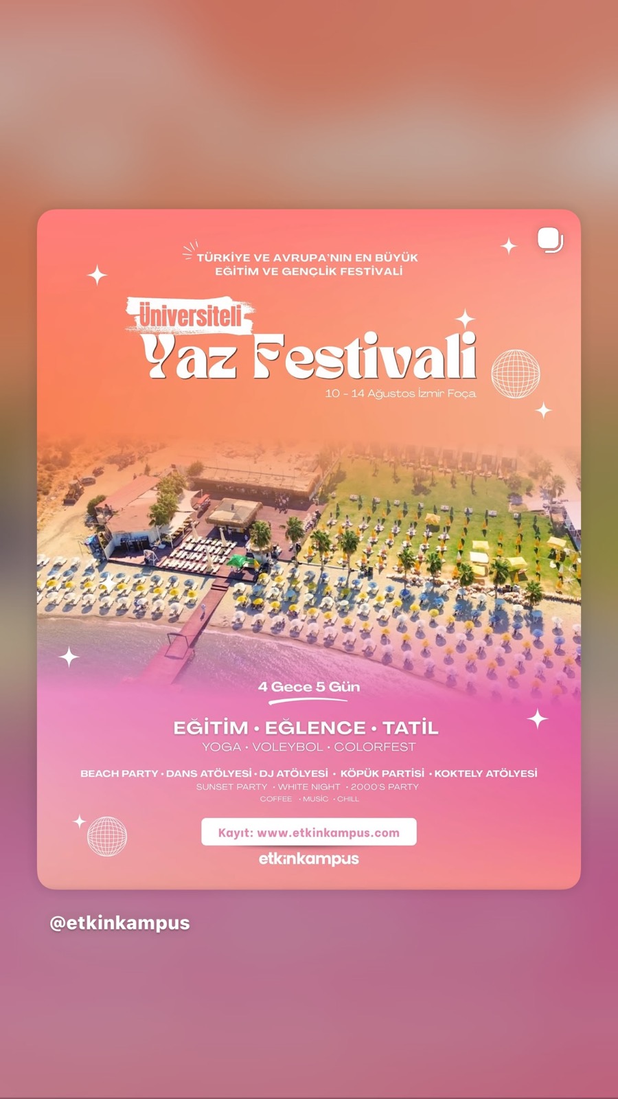 Bueno Beach Club'ın havadan görünümü ve geçen yazın festival programı